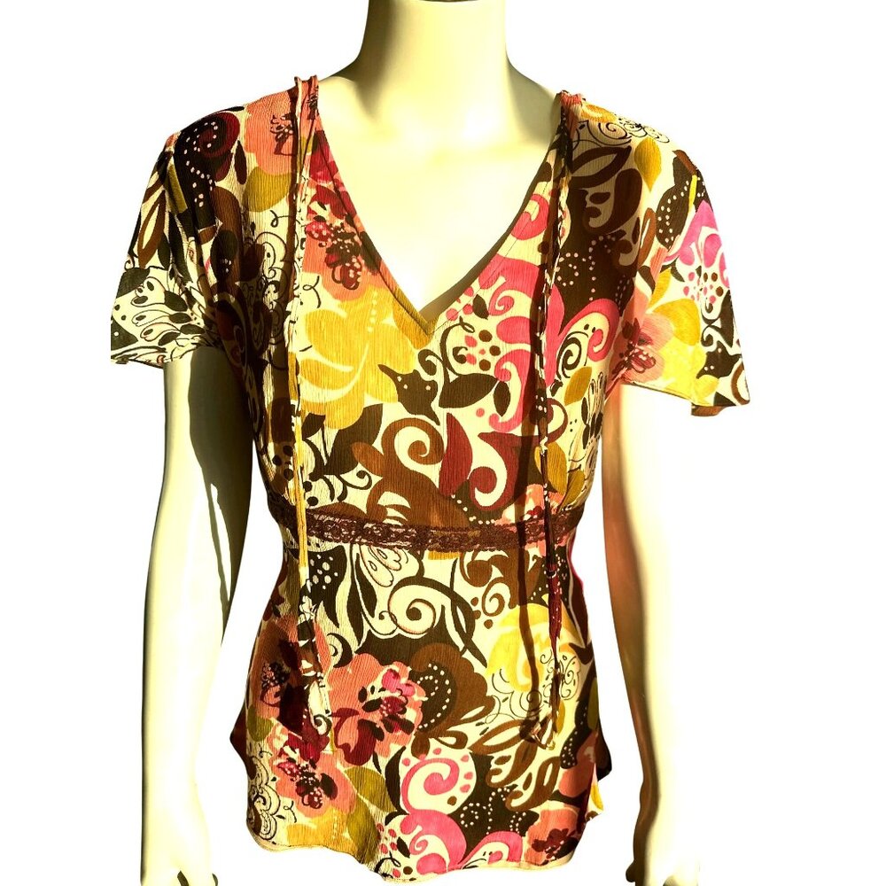 IE Silk Blouse Large Multicolor Floral Swirl Print Boho Y2K Vintage City Chic - Picture 2 of 10